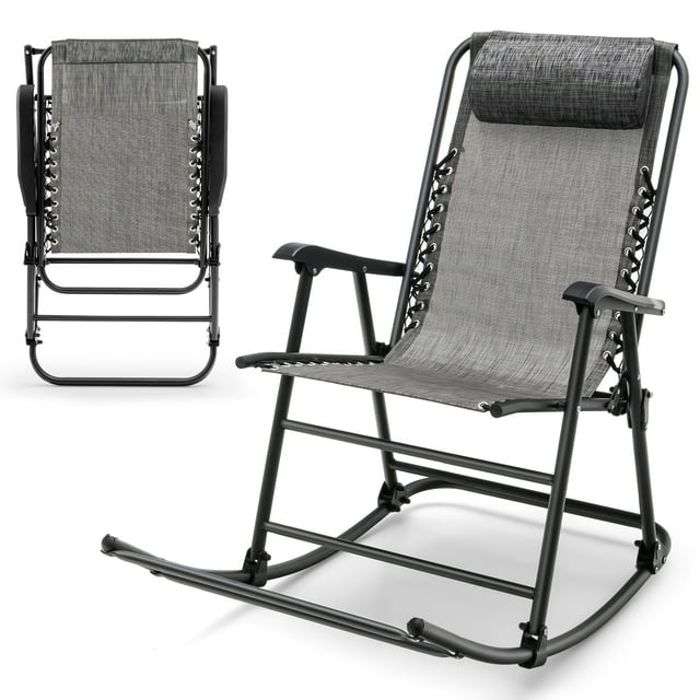 Patiojoy Foldable Rocking Chair Zero Gravity Lounge Rocker with Headrest Outdoor Portable Rocker Gray