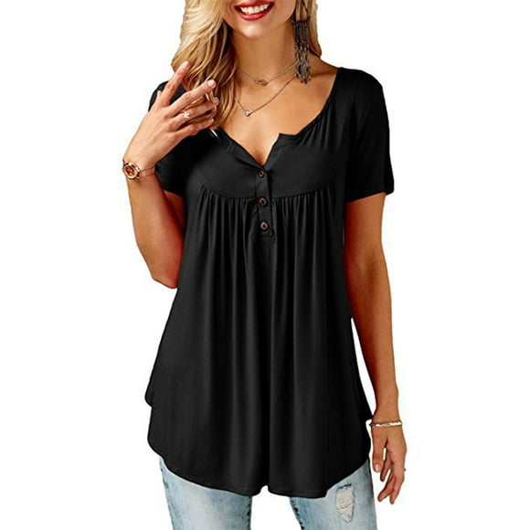 JustVH Women's Solid Henley V-Neck Casual Blouse Pleated Button Tunic Shirt Top