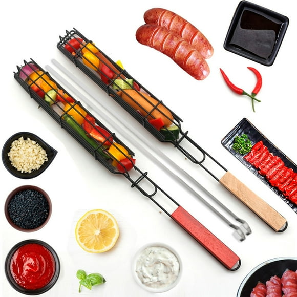 Kulem Panier de Barbecue en Acier Inoxydable Robuste avec Grille de Verrouillage et Revêtement Antiadhésif / Inclut 1 Brochette / 49cm x 5cm x 4cm / pour Viande, Légumes et Fruits de Mer
