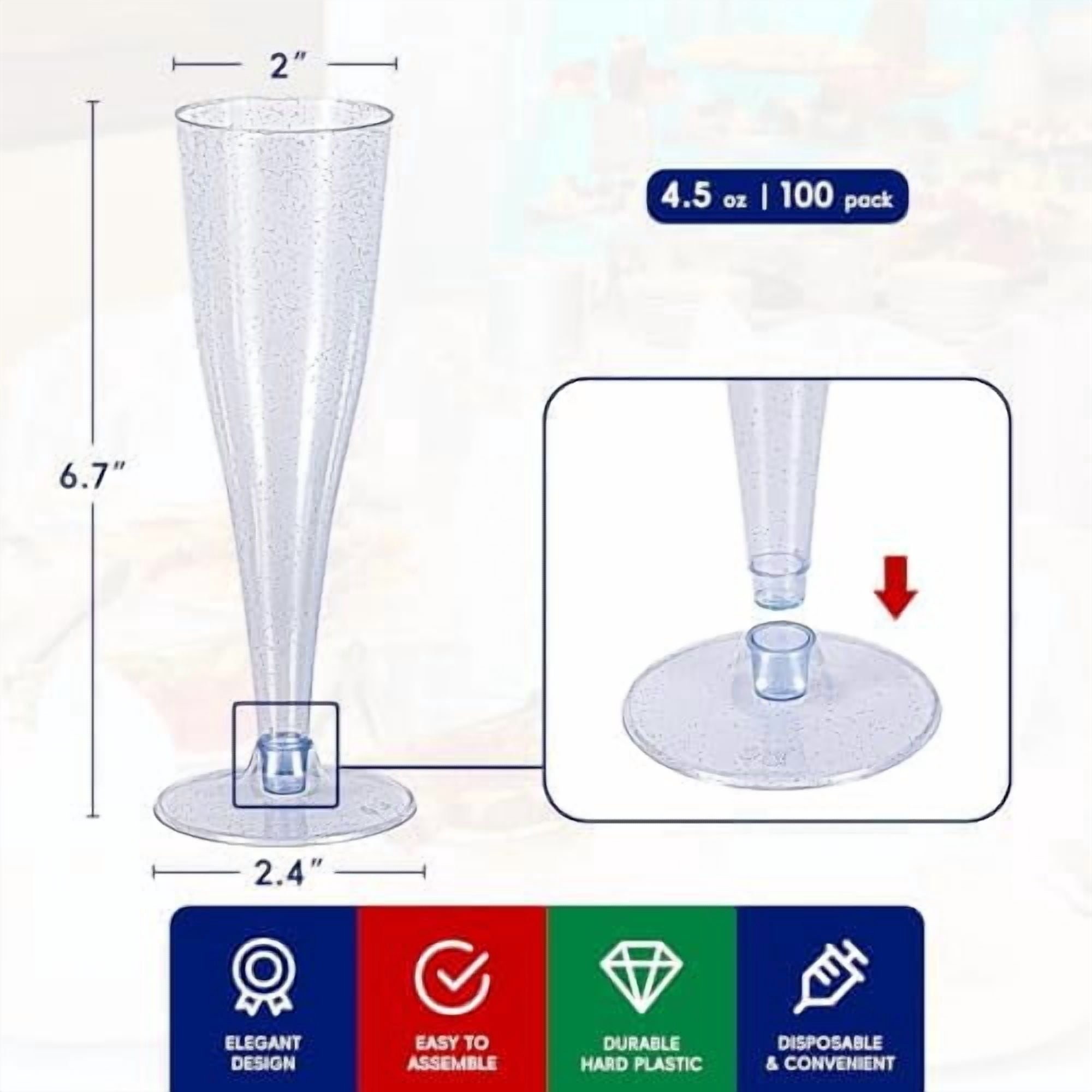100 Pack Plastic Champagne Flutes Disposable 4.5 oz Blue Glitter Plastic Champagne Glasses Suitable for Wedding, Thanksgiving Day, Christmas