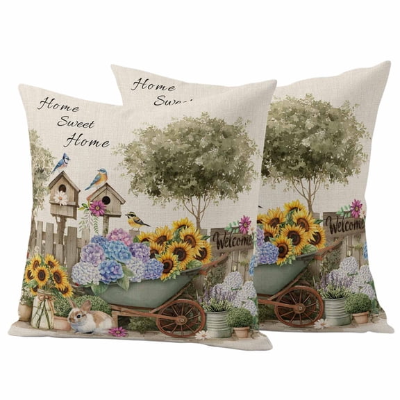 Spring Flowers Outdoor Waterproof Pillow Covers, Farmhouse Hydrangea Sunflowers Bunny on Linen Decorative Square Throw Pillowcase Sofa Cushion Sham for Patio/Couch/Chair, 16"x16" 2 Pack