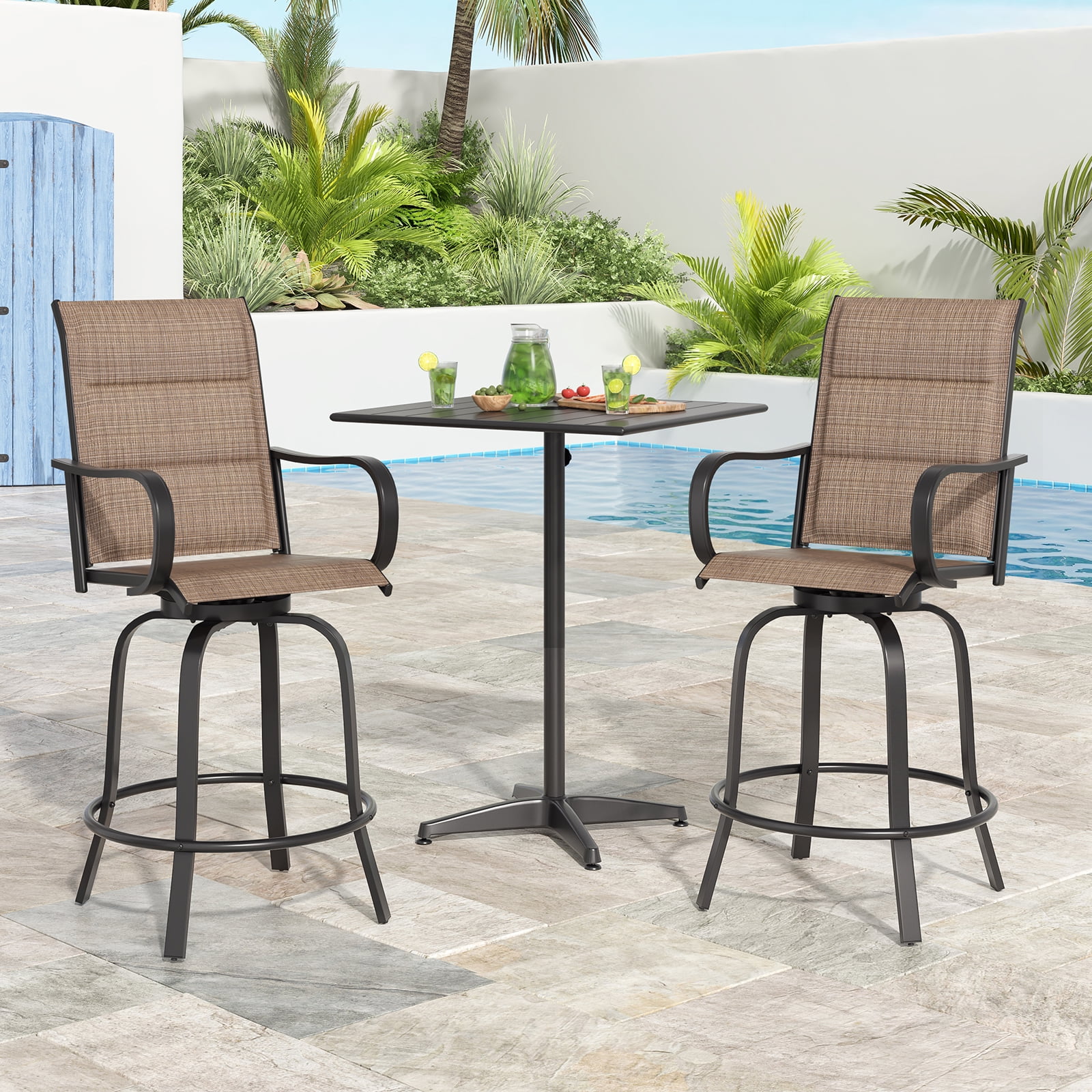 MAYEERTY 2-Piece Outdoor Bar Height Tall Stools Set,Paded Textilene,360°Swivel, Ergonomic for Balcony, Brown
