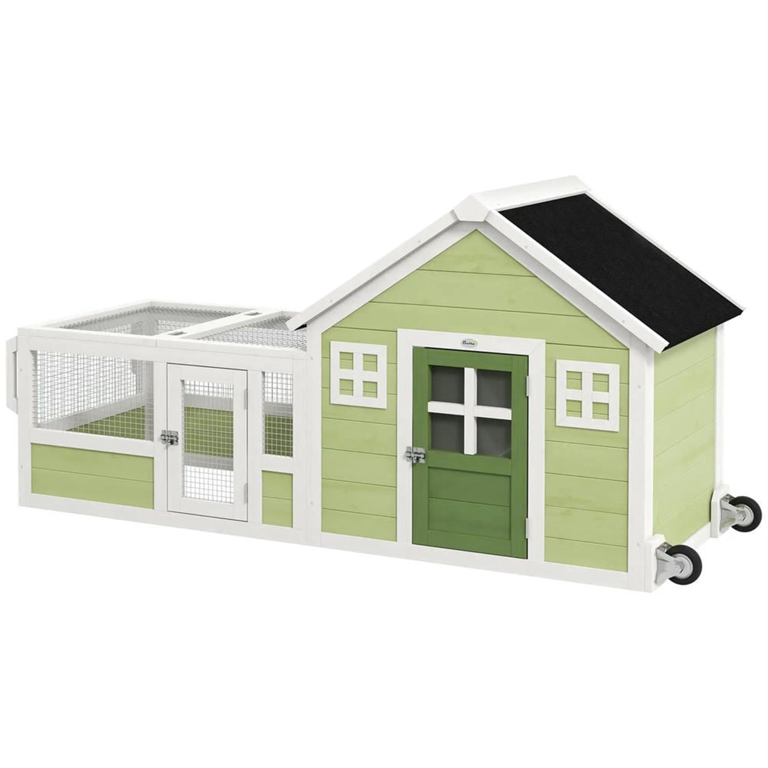 Kadyn 64" Wooden Rabbit Hutch with Wheels and Asphalt Roof, Outdoor Small Animal Habitat Chicken Coop Bunny Cage for Bunnies, Guinea Pigs, Green