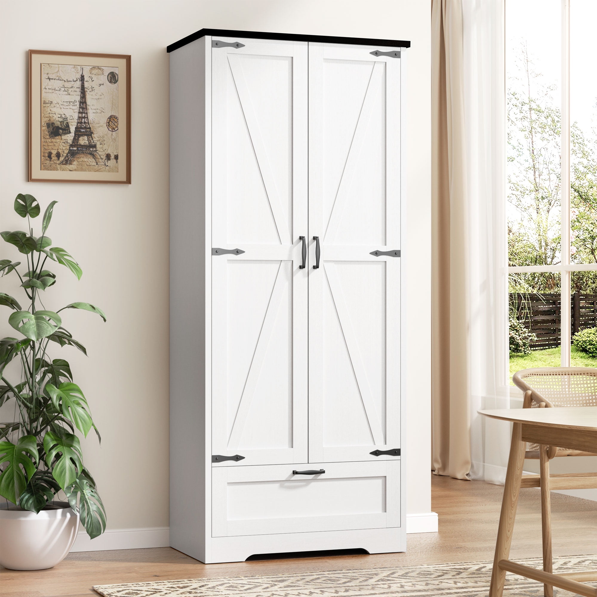 Walsunny 65" Tall Pantry Cabinet Wood Food Cabinet Pantry Storage Organizer Freestanding with 2 Doors 4 Shelves 1 Drawer for Kitchen Dining Room Living Room White