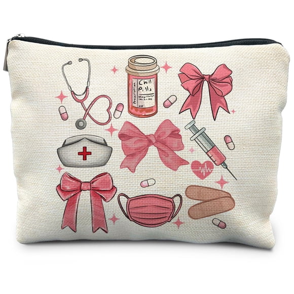 Bolsa de maquillaje RYYCDOI para estudiantes de enfermería, lino rosa, impermeable