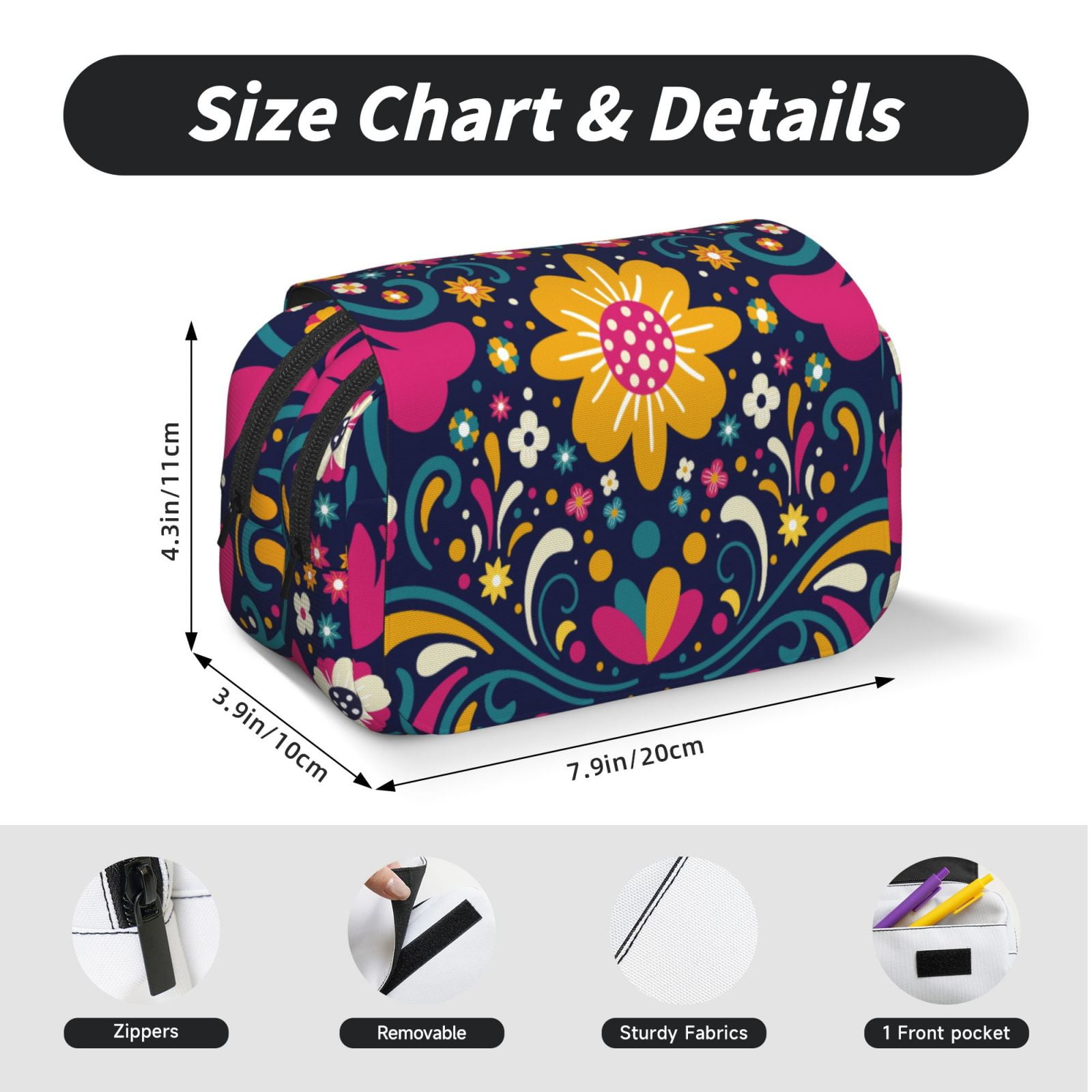 Rateoe Cinco De Mayo Floral Pattern Double Clamshell Pen Case, Storage Organizer with Two Zipper Compartments– Holds Up to 50 Pencils & Pens