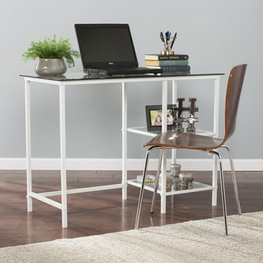Layton White Metal and Glass Desk - Modern Student Desk for Studying, Crafting or Bedroom