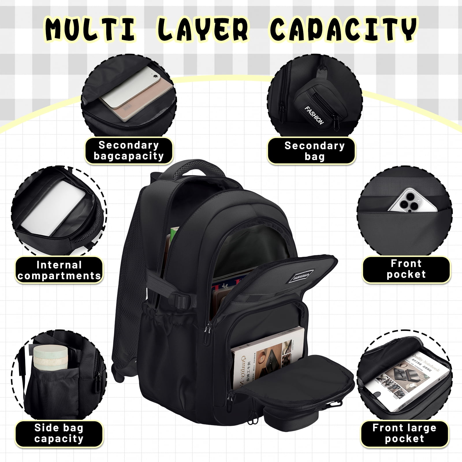 DAKIMOE School Backpack for College High Middle School Fashion Student Bag Cute Aesthetic Teen Bookbag for Teens Women Kids Girls Black