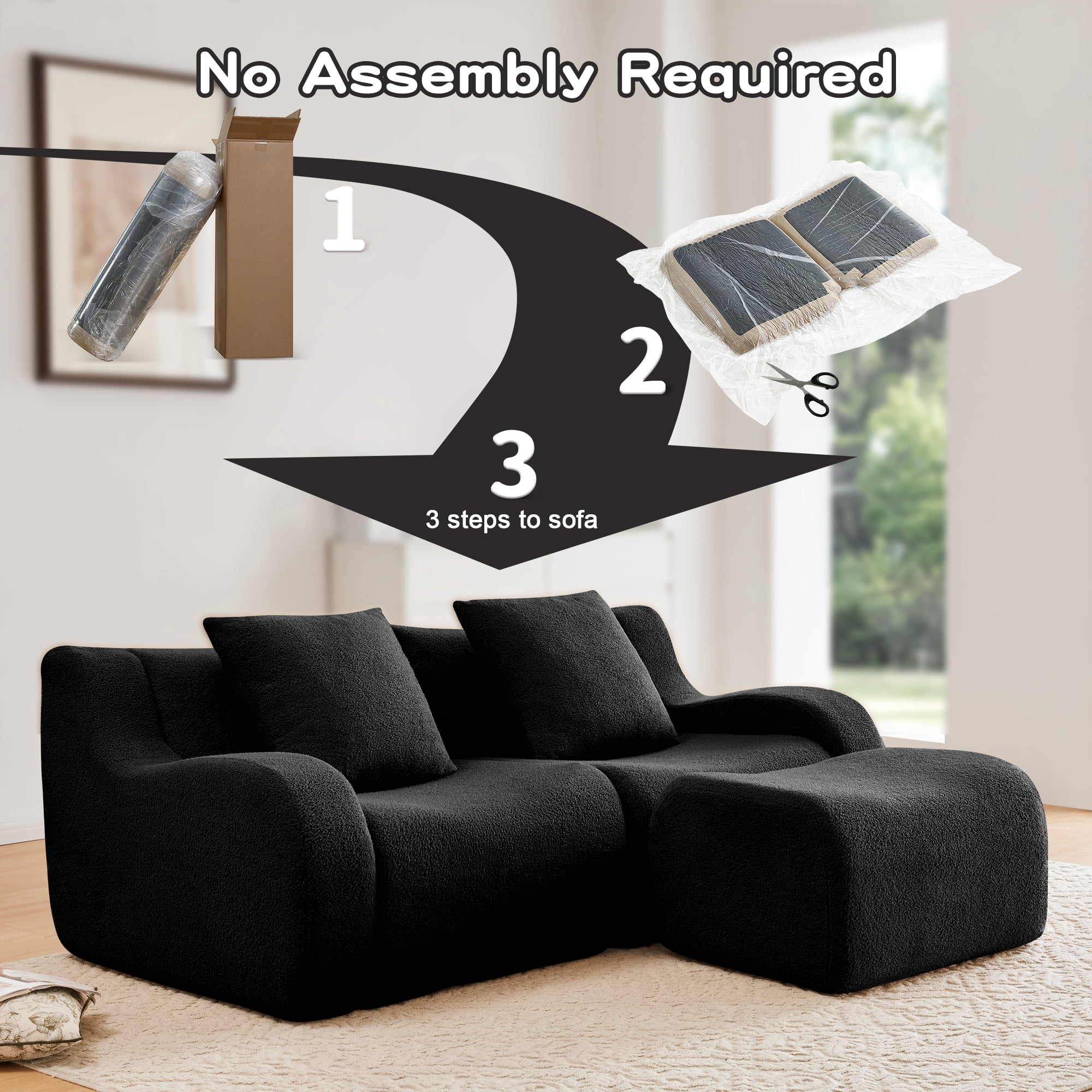 MAYEERTY 82.7" L-Shaped Teddy Fabric Boneless Sofa, Black 300lbs/seat 32D Foam No Assembly Curved Armrest Couch for Living Room Bedroom
