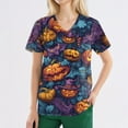 thumbnail image 4 of Grey Scrubs Sets For Women，Halloween Scrub Tops Plus Size Cute Pumpkin-Headed Bat Printed Short Sleeve V-Neck Nurse Care Worker Uniform Scrub Top,Dark Purple，M, 4 of 4