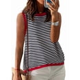 thumbnail image 2 of Womens Summer 2025 Casual Striped Color Block High Neck Tank Top Loose Knit High Low Sleeveless Shirts Red S, 2 of 6