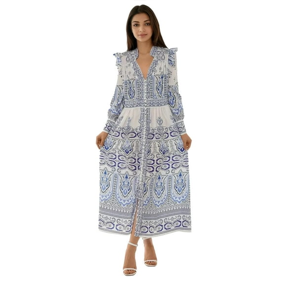 Printed V-Neck Maxi Dress with Ruffle Detail