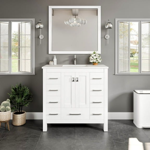 Eviva Hampton 36 inch W X 18 inch D X 34 inch H White Bathroom Vanity with White Carrara Quartz Countertop
