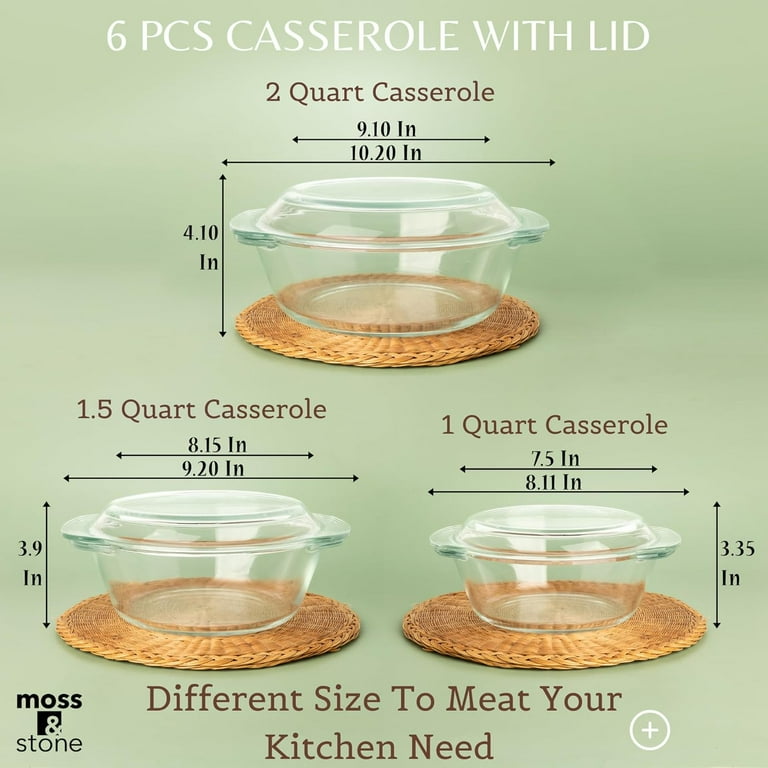6-Piece Clear Glass Casserole Dishes for Oven With Lids, Durable