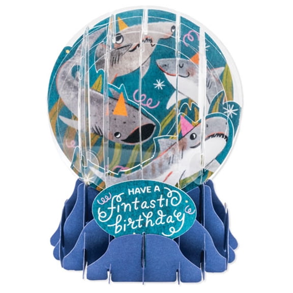 Up With Paper Swimming Sharks with Party Hats 5-Inch 3D Pop-Up Snow Globe Birthday Card