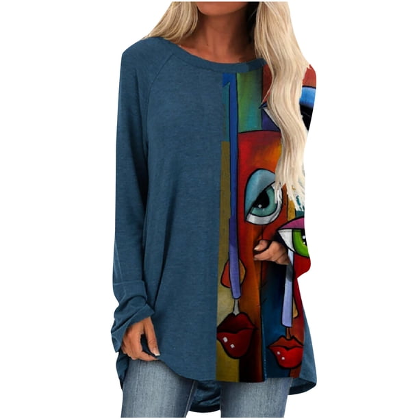 Camiseta de manga larga con cuello redondo estampada con costuras de moda casual para mujer Pompotops gfhjh4133