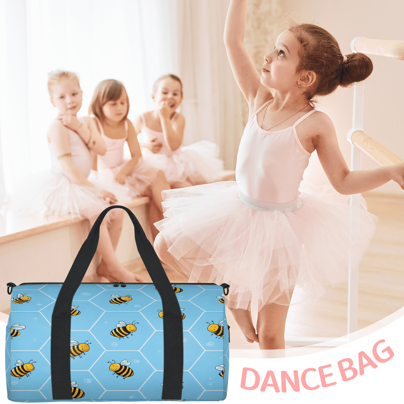 Herdesigns Cute Yellow Bee Gym Bag for Women, Duffle Bag for Travel Sport, Honeycomb Lightweight Waterproof Carry on Weekender Dance Yoga Workout Bags