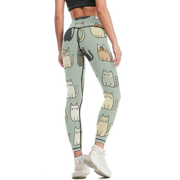 High Waisted Leggings for Women Regular & Plus - No See Through Tummy Control Cycling Workout Yoga Pants without Pockets Cute Cat Sketch S