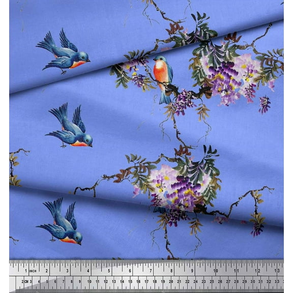 Soimoi Blue Cotton Duck Fabric Floral & Flowerpecker Bird Printed Fabric 1 Yard 44 Inch Wide