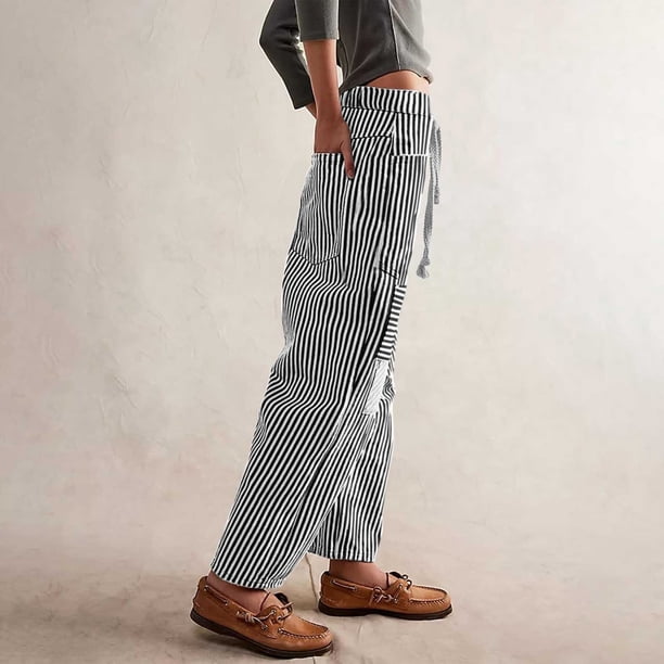 WILLBEST Jeans Mujer Pantalones Vaqueros Casuales de Pierna Ancha Para Mujer, de Cintura Media, Cómodos, Holgados, A Rayas, Con Bolsillos y Cordón Ajustable Para Desplazamientos Diarios A La Moda.