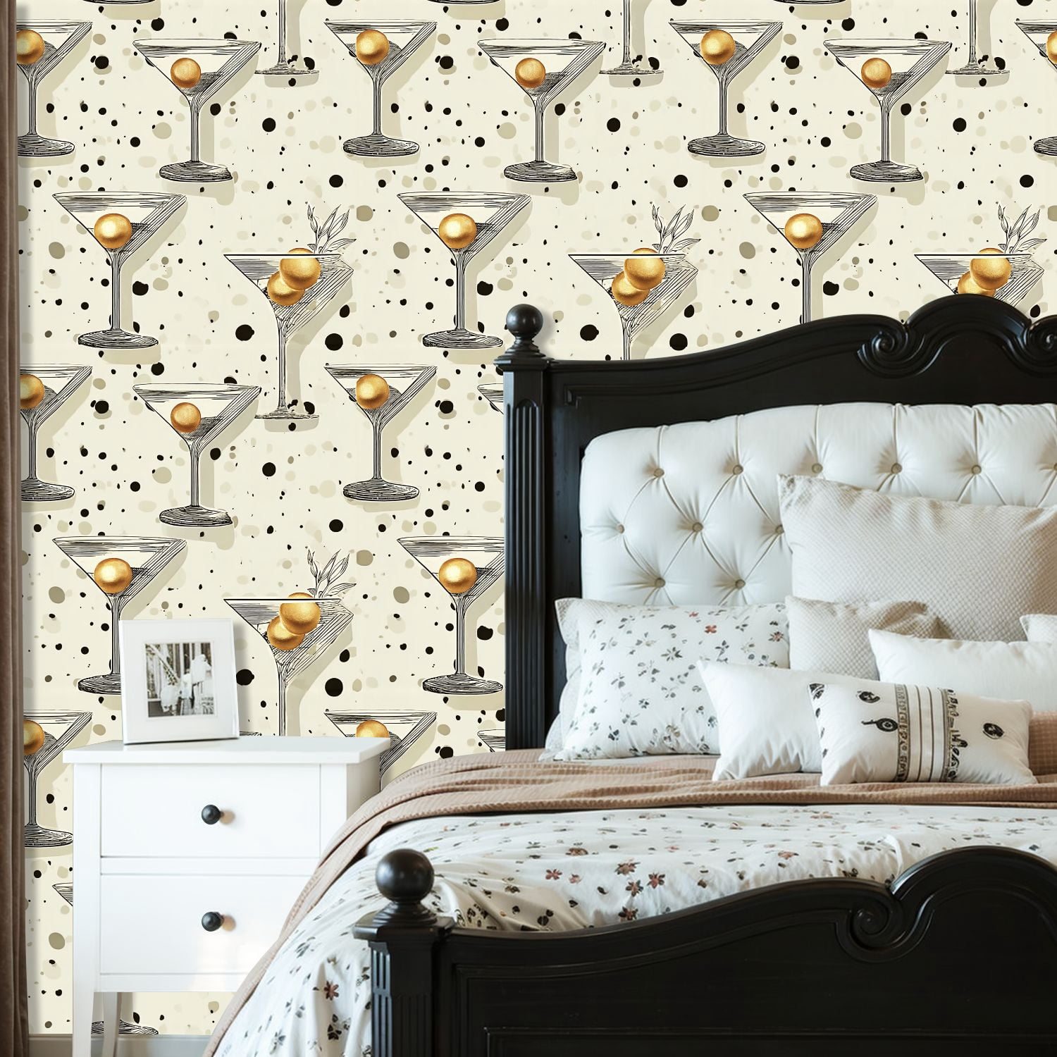 Peel and Stick Wallpaper Elegant Martini Glasses Golden Garnish Abstract Dot Wall Mural 23.6in x 9.8ft Self Adhesive Removable Wall Paper Renter Friendly Wallpaper for Nursery Bedroom Cabinets