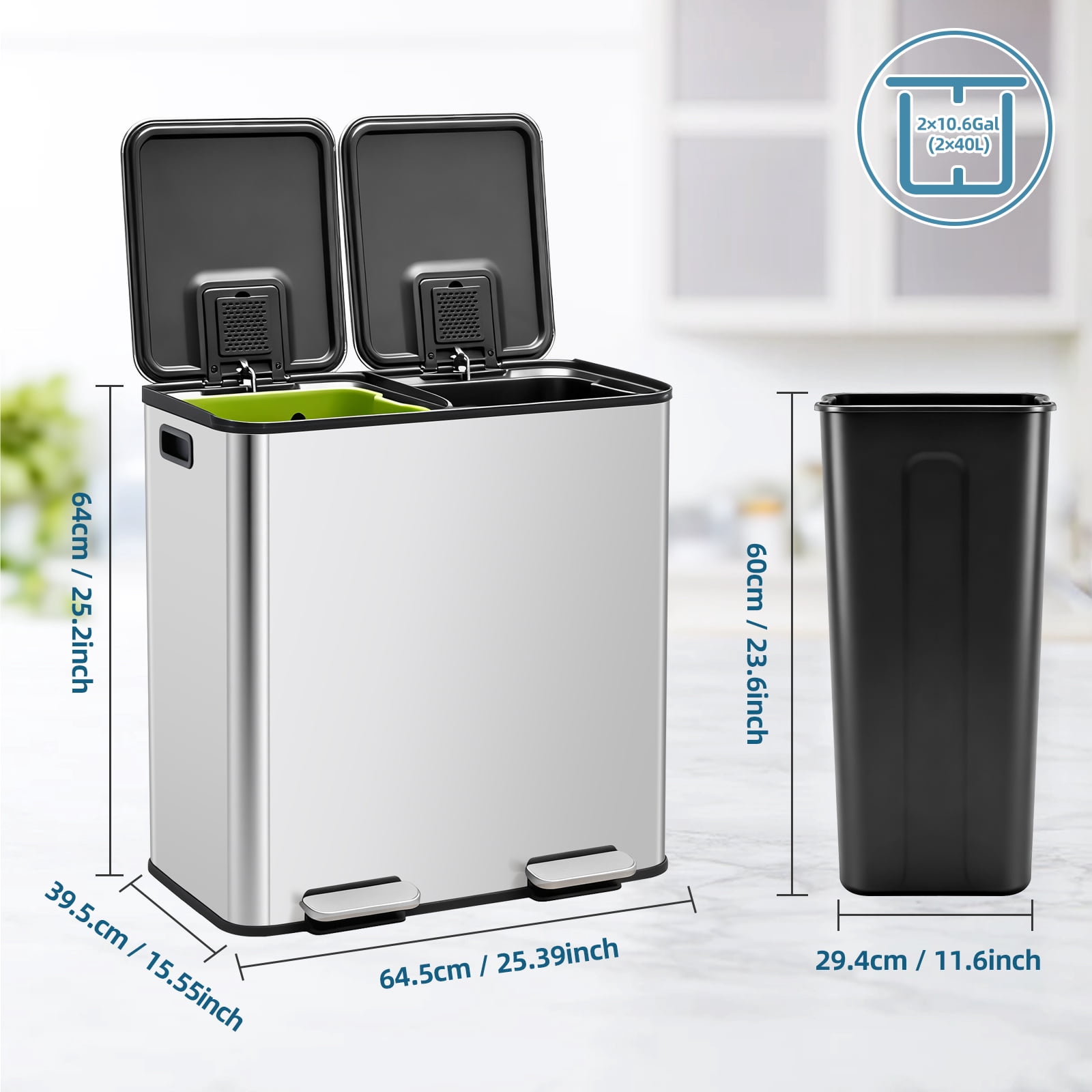 Dual Trash and Recycling Bins, 2x10.5 Gallon Kitchen Dual Trash Can with Lid, Stainless Steel Garbage Bin with 2 Removable Inner Buckets, for Kitchen, Home, Silvery