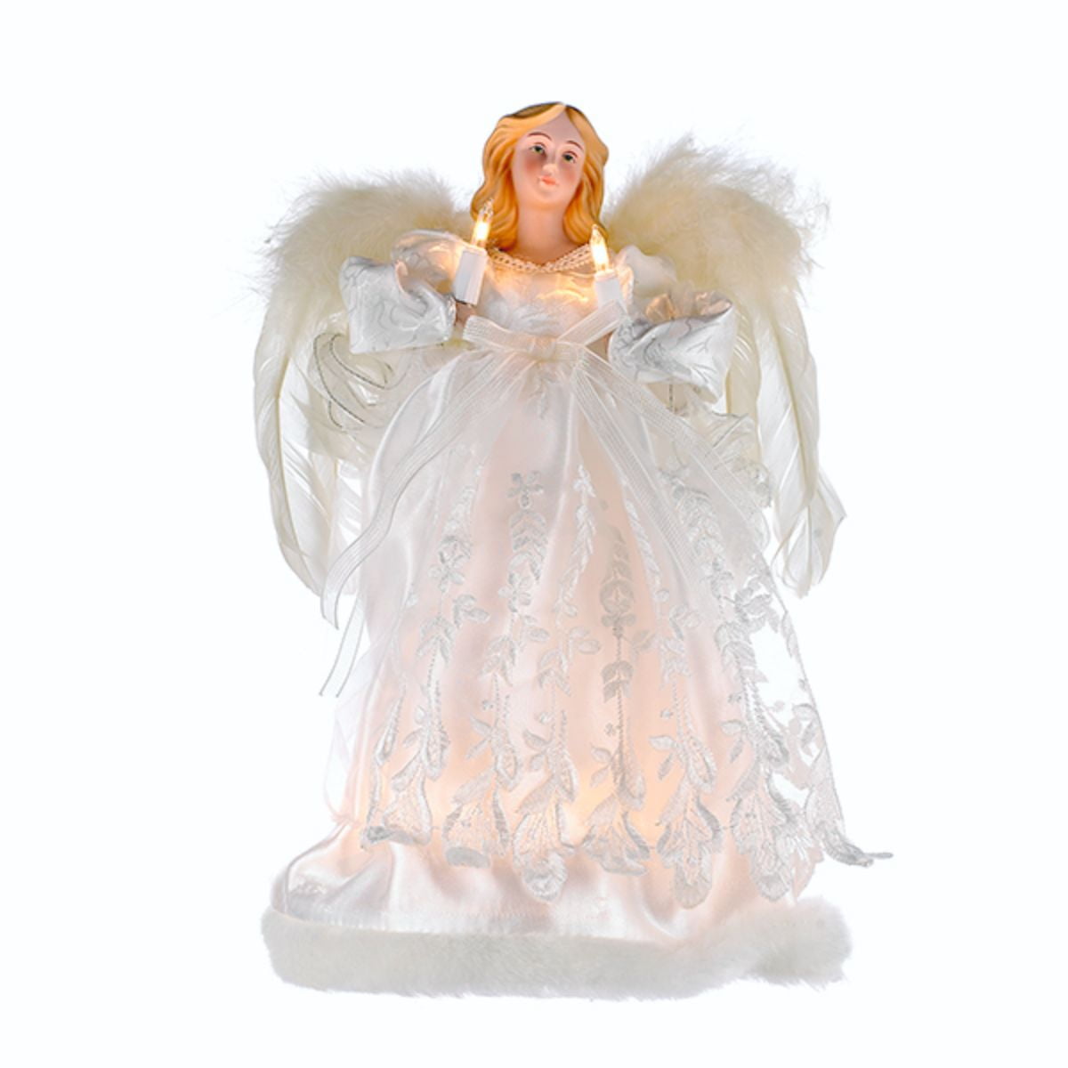 12 Pink Fabric 10-Light Angel Tree Topper with Blonde Curly Hair 