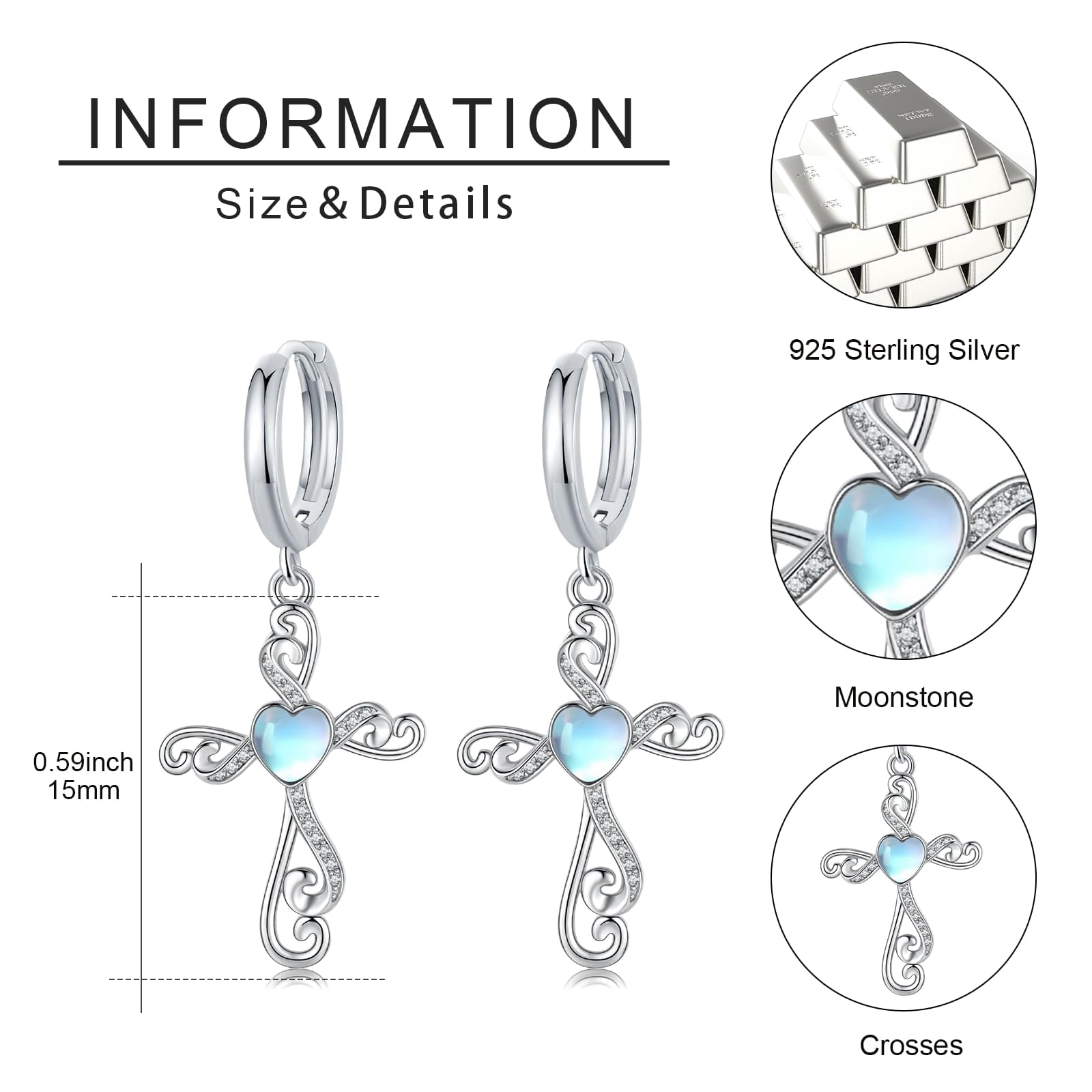 Coachuhhar Cross Hoop Earrings for Women 925 Sterling Silver Huggie Earrings Tiny Cartilage Earrings Mini Hoops Earrings Small Earrings Heart Moonstone Jewelry for Mother's Day