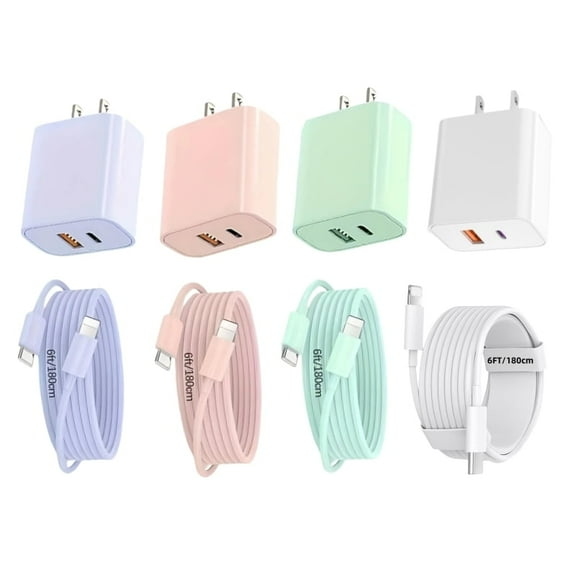 20W Dual Port USB A and Type C Charger 4 Pack with 6ft/180cm C-L port cable