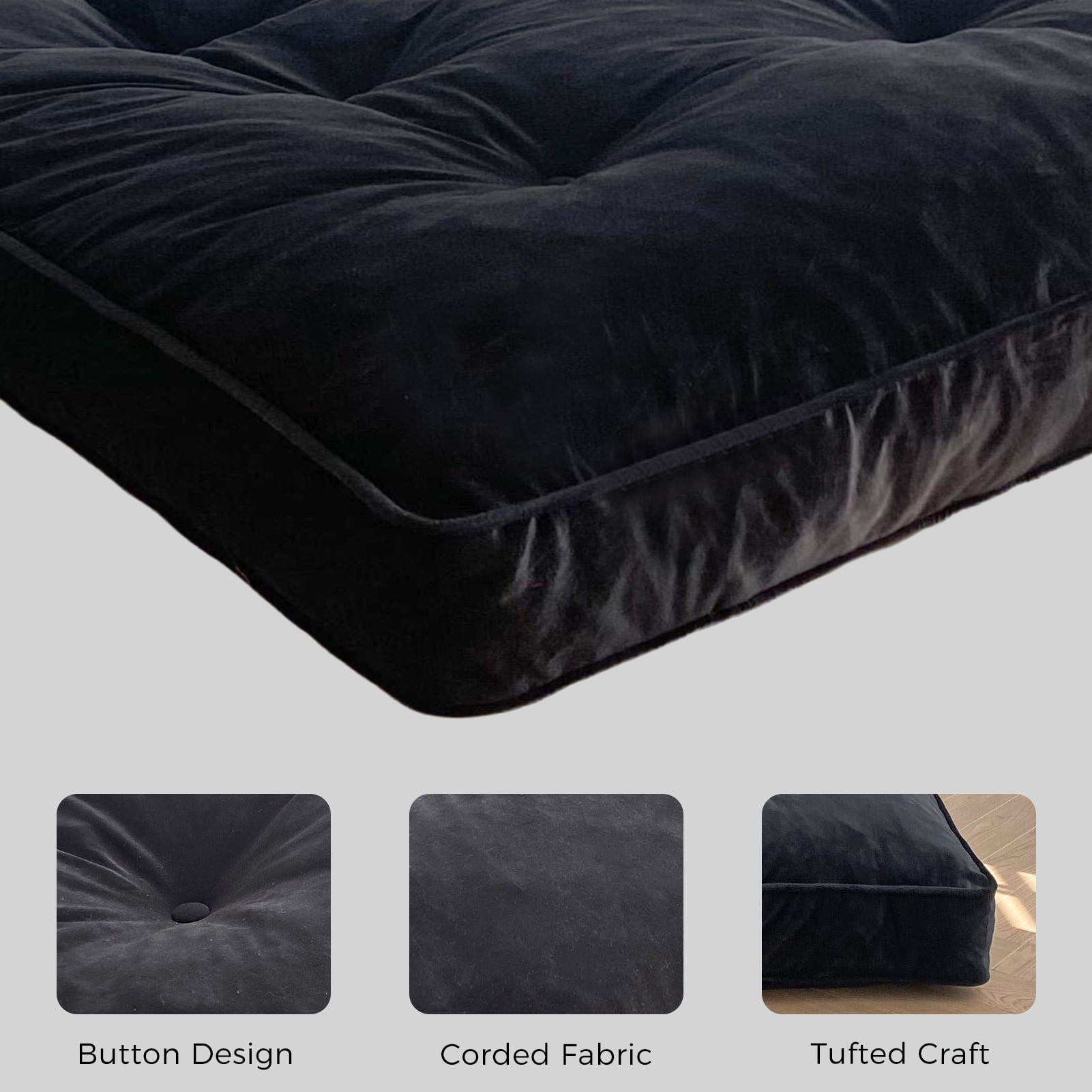BYBYME 6" Futon Mattress,Velvet Thick Futons Sofa Couch Bed,Floor Mattress for Adults,Shredded Foam Filling,Black Queen(Frame Not Included)