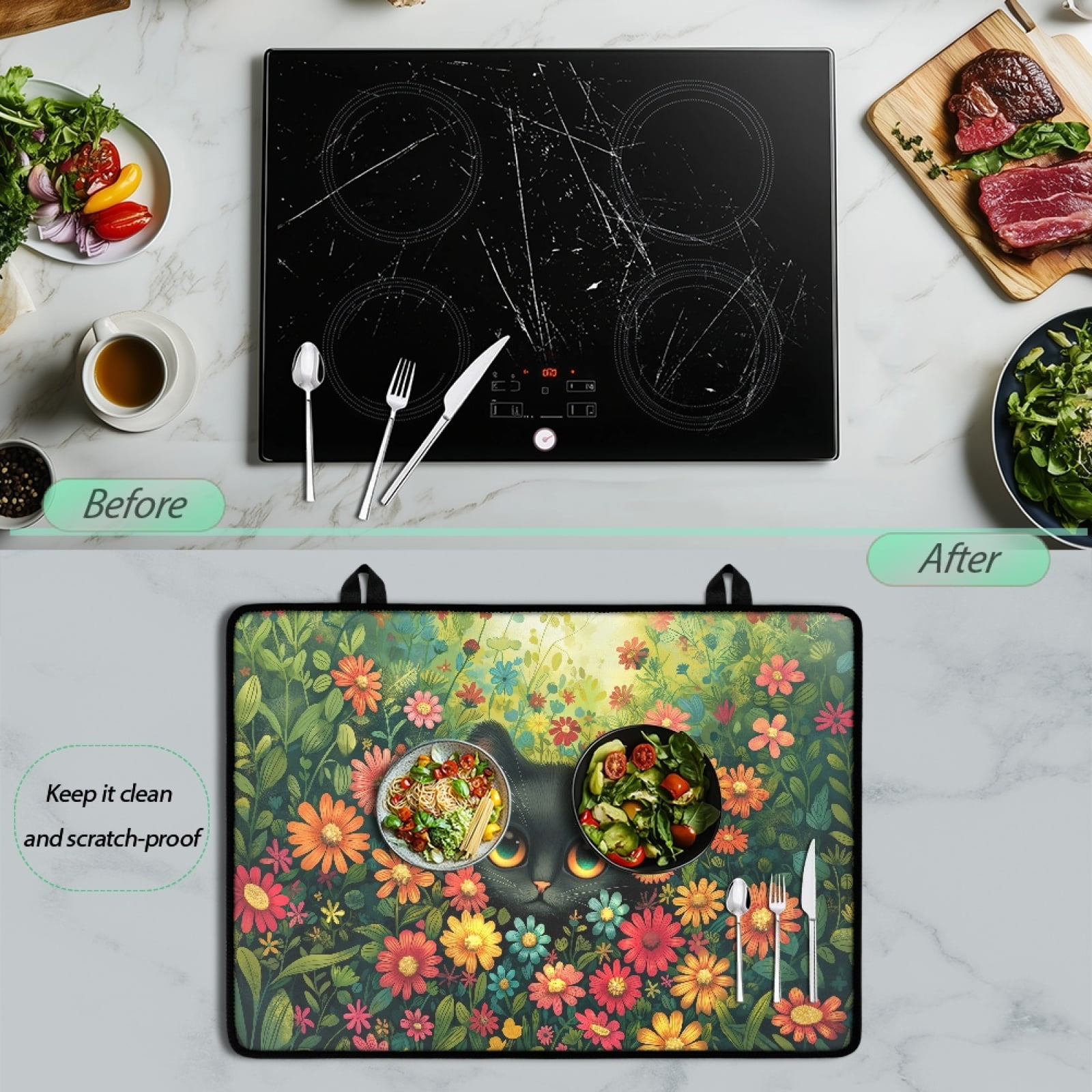 Renewold Stove Cover Glass Stove Top Cover Protector Heat Resistant Non-slip Stove Burner Cover Prevent Scratching Cooktop Mat for Kitchen Counter, Black Cat Flower