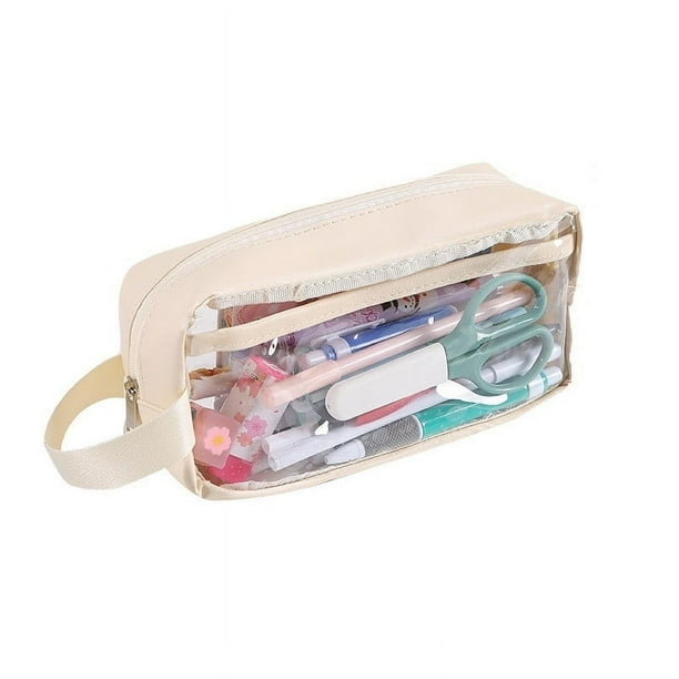 Estuche transparente de gran capacidad para lápices, organizador de papelería, diseño de plástico transparente, portátil y plegable, con estructura metálica de 2 niveles, ideal para el