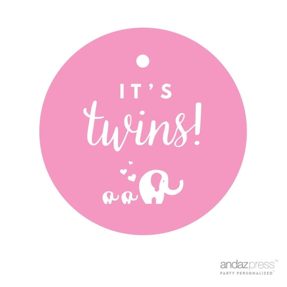 Bubblegum Pink Its Twins! Round Baby Shower Gift Tags, 24-Pack