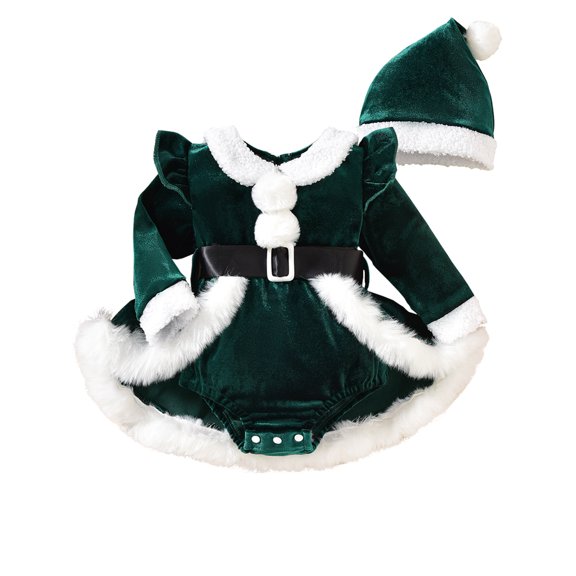 ENFLASH Infant Baby Girl Christmas Outfit Santa Romper Dress Long Sleeve Furry Trim Velvet Xmas Princess Dresses Hat Set Clothes