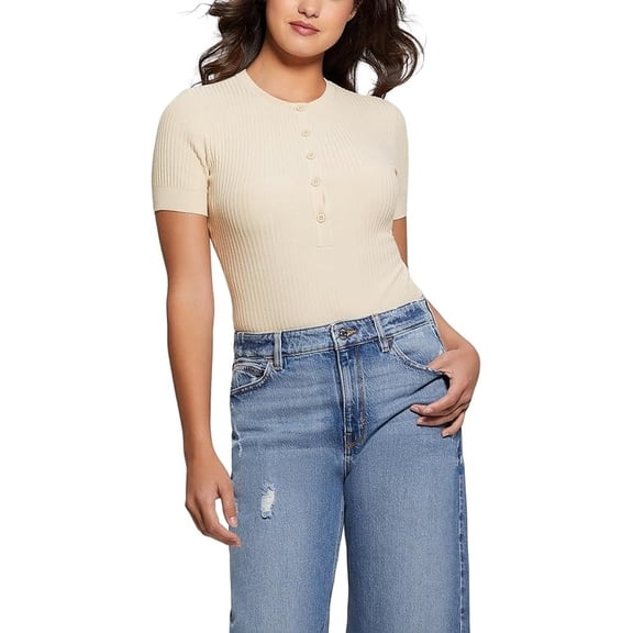 Guess PEARL OYSTER Women's Anders Ribbed Henley-Neck Bodysuit, US Large