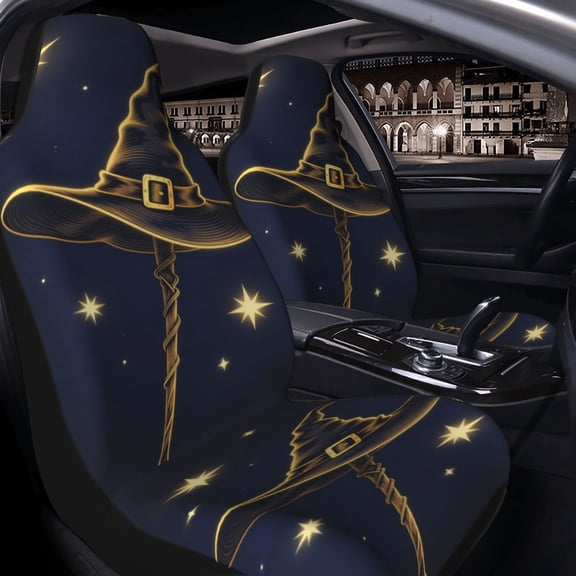 Wizard Hat with Stars Car Seat Covers Set of 2 for Women and Men, Universal Fit Bucket Seat Protectors for Cars, SUVs, Sedans and Trucks, Soft Breathable Polyester, Front Seats Only