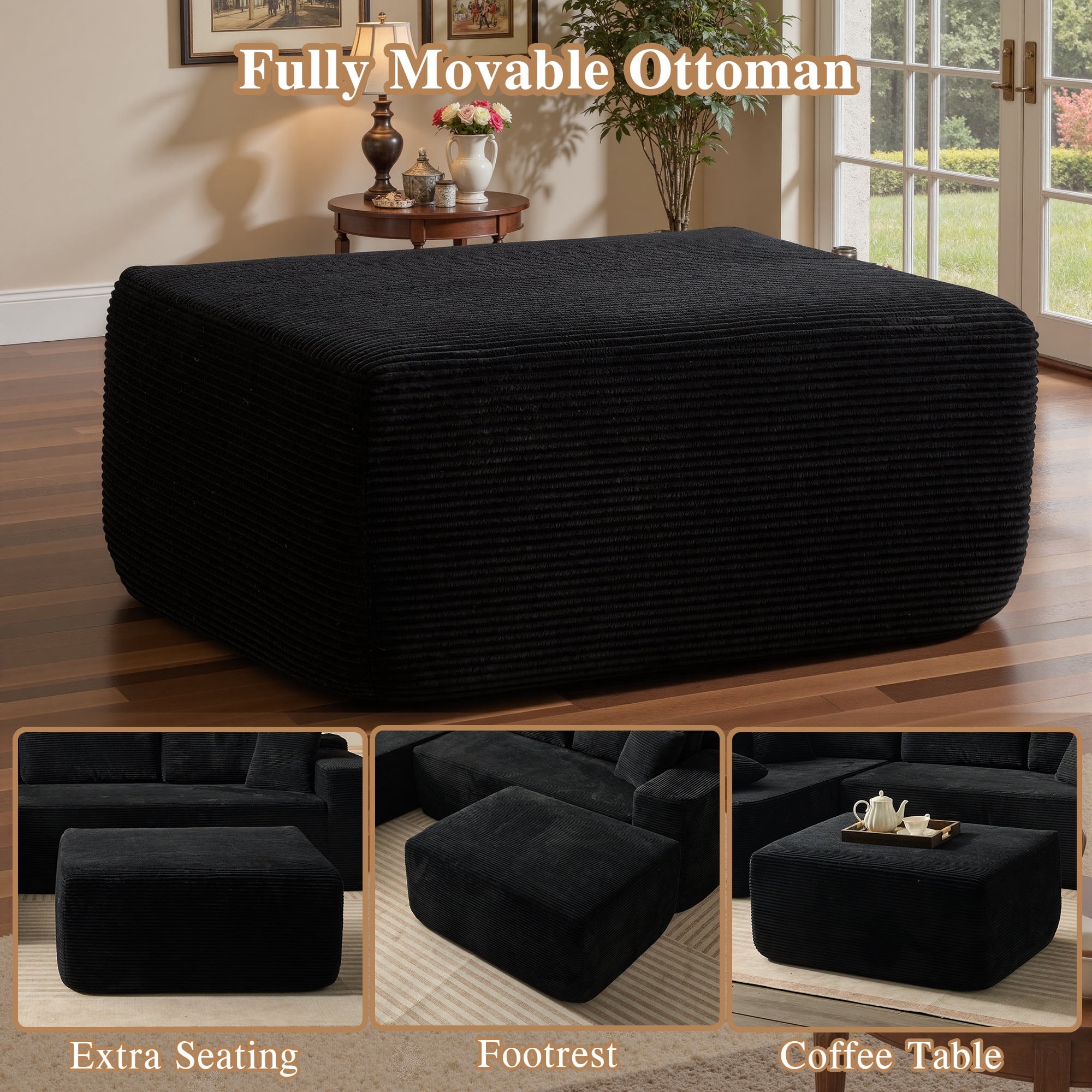 Ovios 106" Cloud Sofa Couch No Assembly Boneless Deep Seat Sofa with Ottoman for Living Room, Black (Corduroy)