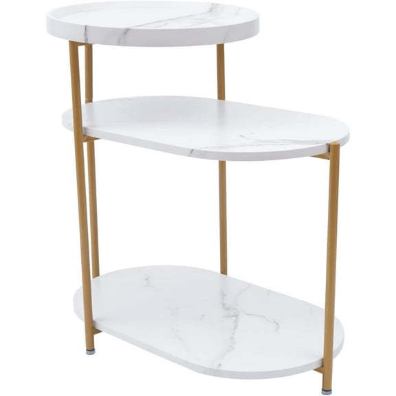 Miumaeov 3-Tier Modern Sofa Couch Table with Storage Shelf, End Table, Side Table Wood Look Accent Table Imitation Marble Coffee Table (Gold   White)
