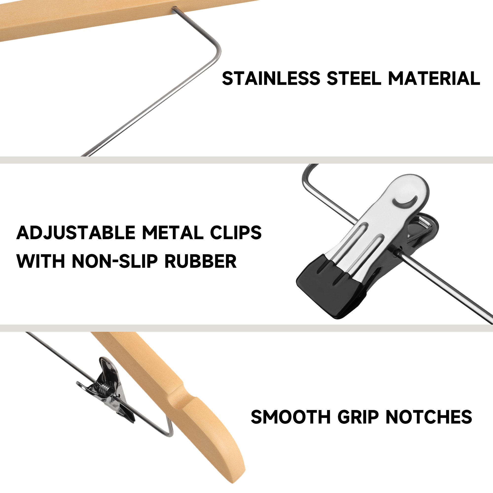 12-Pack Wooden Hangers with Adjustable Metal Clips for Skirt, Dress, Coats, Jacket and Pants (Natural Wood)