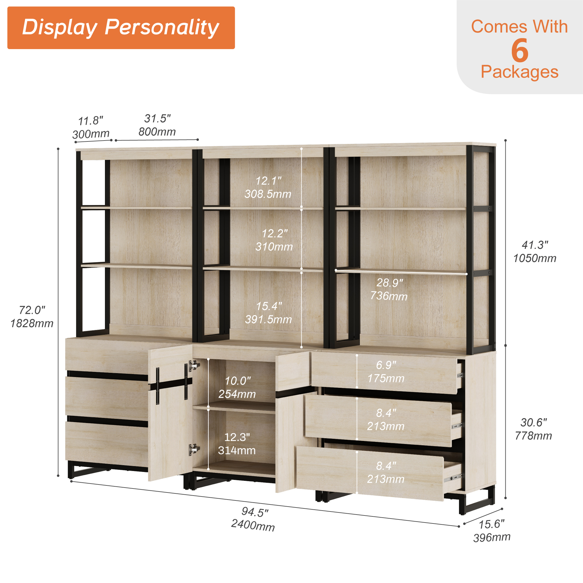 WAMPAT 3-Piece Modern 72" Tall Bookcase,6 Drawers & Adjustable Shelves with Storage Cabinet & Open Shelves, Freestanding Wood Library Bookshelf for Home Office & Living Room
