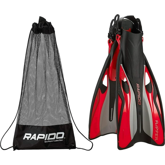 Rapido Boutique Collection Flipper Open Heel Adjustable Snorkel Fin with Snorkeling Gear Carry Bag, Ideal Snorkeling Fins for Snorkel or Scuba