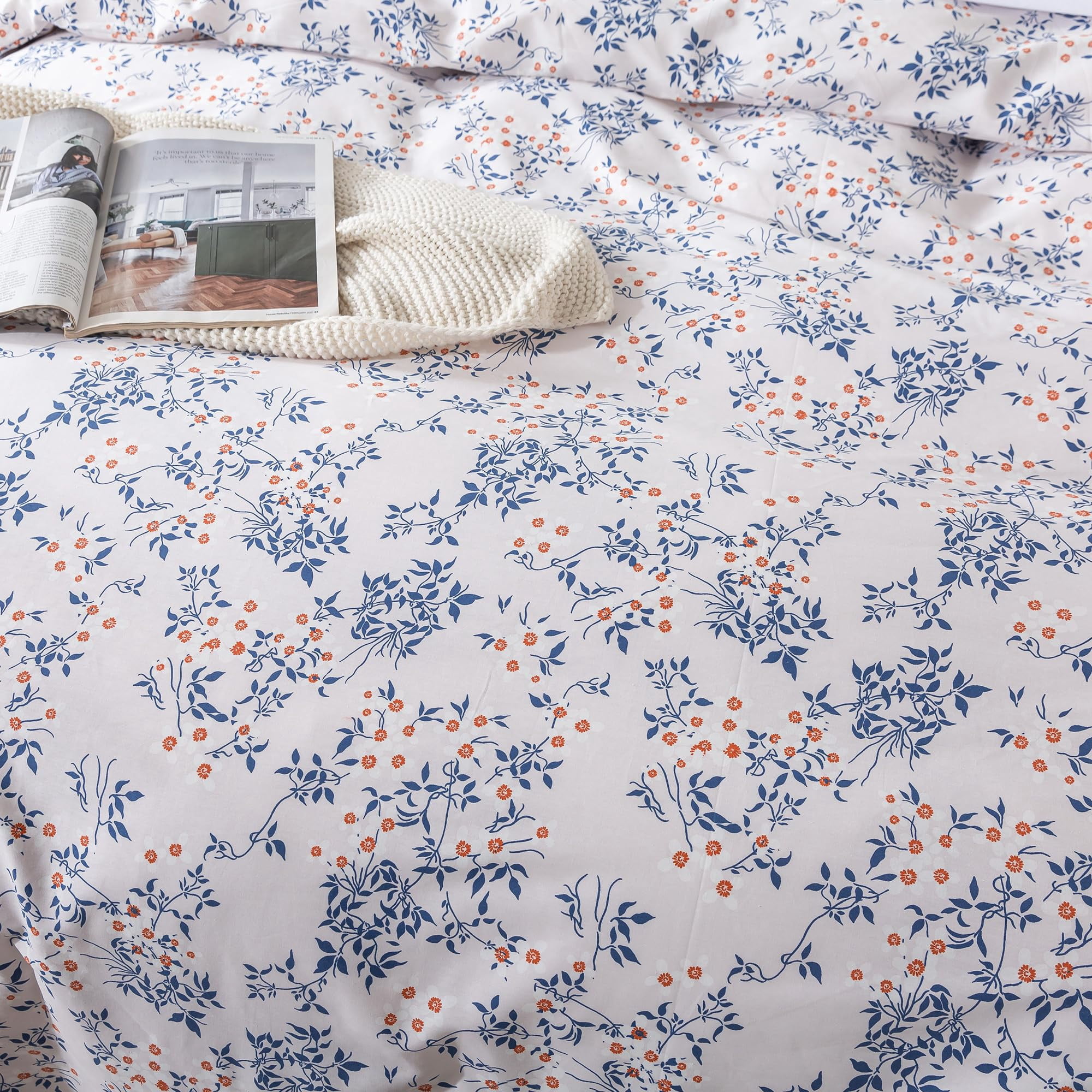 HoneiLife 3pc Duvet Cover Queen Size - 100% Cotton Comforter Floral Breathable Duvet Cover with Zipper Closure & Corner Ties, Blue Leaves