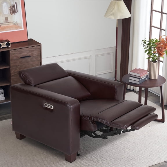 MCombo Wall-Hugger High Leg Power Recliner Chair with Adjustable Headrest and USB&Type C Dual Charge Ports for Living Room, Office, and Small Spaces (Faux Leather, HL128) (Dark Brown)