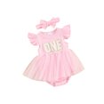 thumbnail image 1 of EYIIYE Barboteuse-Robe d'Anniversaire pour Bébés Filles, Robe de Princesse d'Été pour Nouveau-Né, Combinaison à Manches Volantées, Barboteuses avec Broderie de Lettres, Robe Justaucorps à Col Ras du Cou avec Bandeau, Vêtements Décontractés et Mignons pour Tout-Petits, 1 of 9