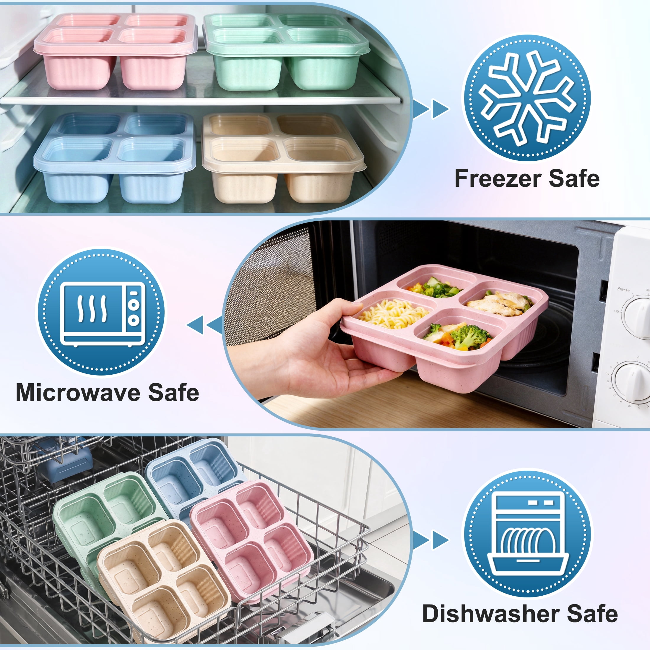 4 Compartment Food Storage Tray with Lids, 4 Pack Reusable Divided Lunch Box, Portable Wheat Straw Bento Box for School Office Picnic