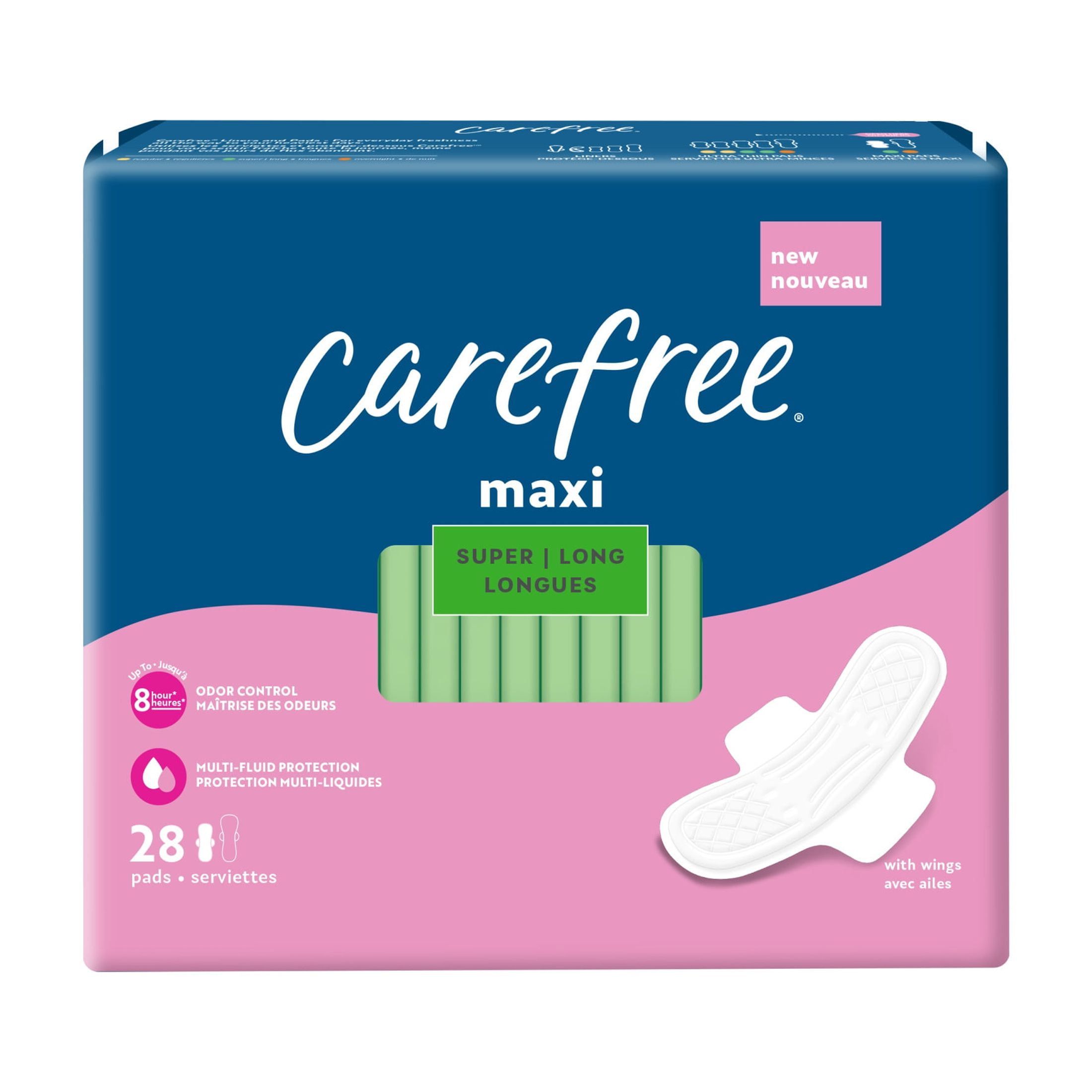 (2 pack) Carefree Maxi Pads with Wings, Long, Super Absorbency, 28 Count