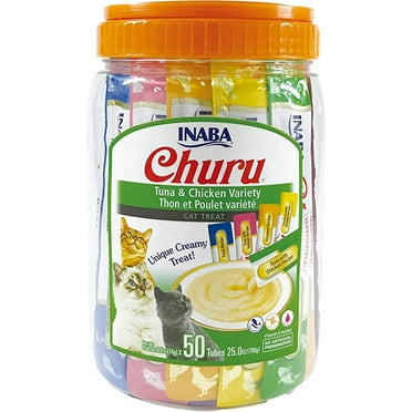INABA Churu Cat Treats, Grain-Free, Lickable, Squeezable Creamy Purée Cat Treat with Taurine & Vitamin E, 0.5 Ounces Each Tube, 50 Tubes Total]