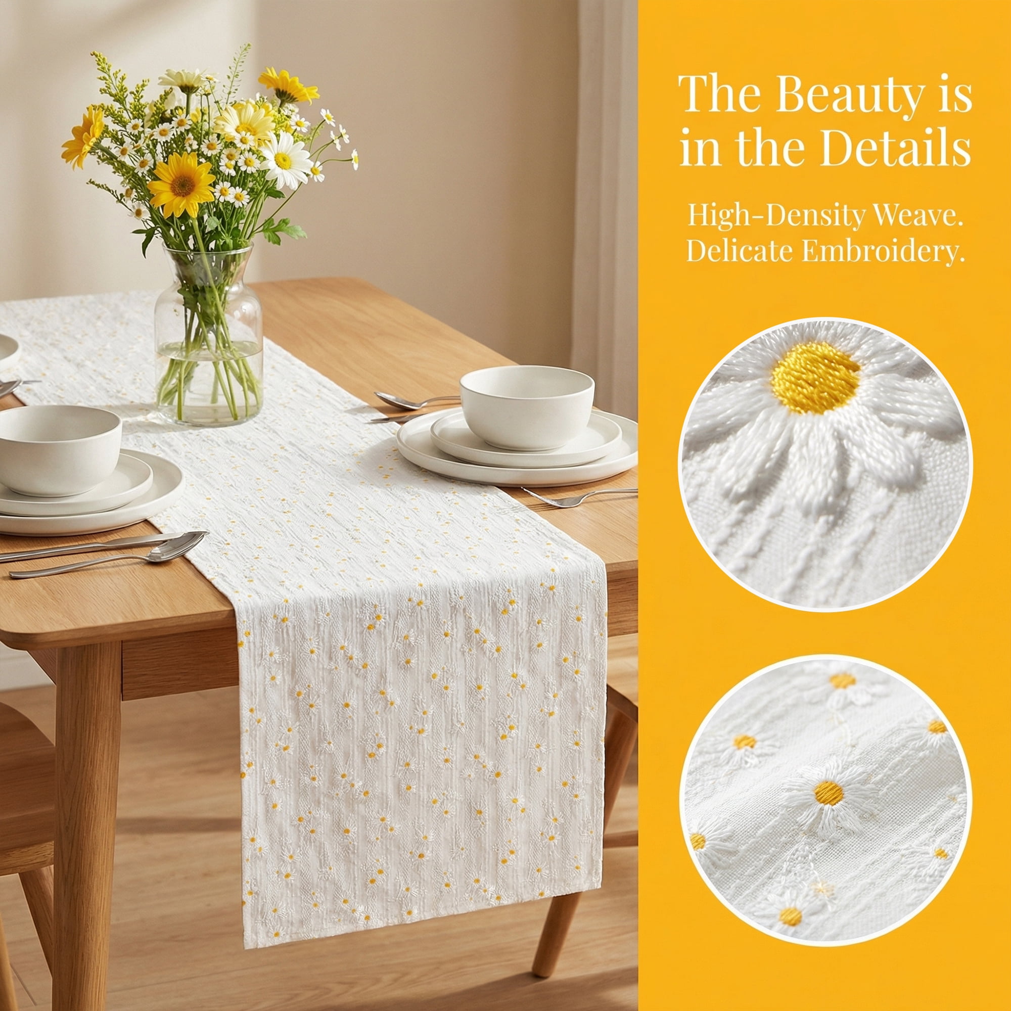 Unique Bargains Cotton Kitchen Runner for Dining Table Decoration Daisy 11.8" x 63"