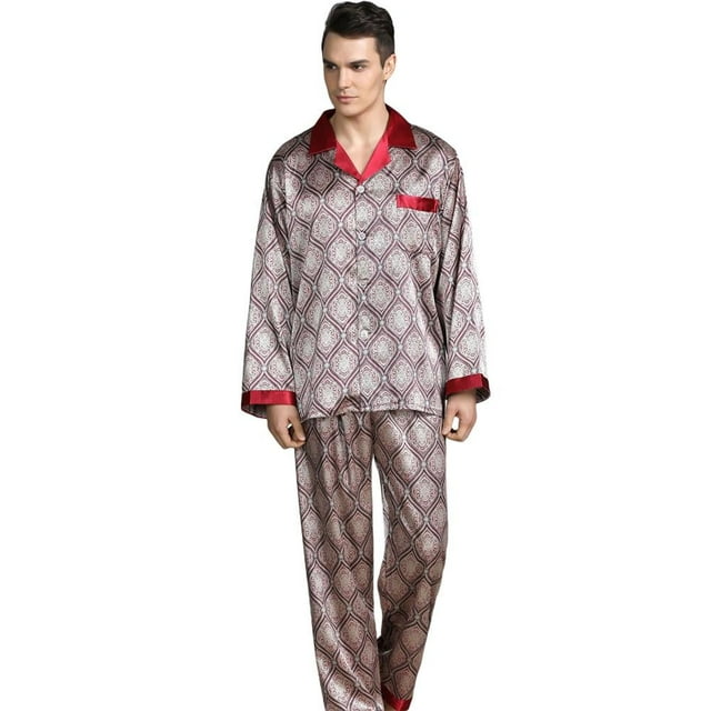 AMERTEER Men‘s Silk Pajamas Set Casual Print Home Service Two-Piece Set