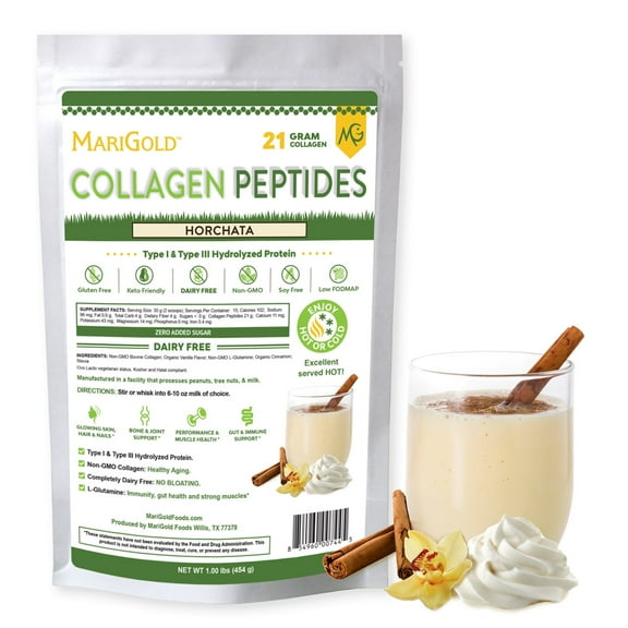 MariGold Collagen Peptides Powder - Horchata 1LB, Type I & III, Non-GMO, rBST Free